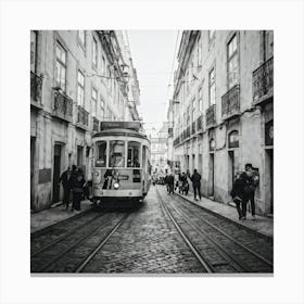 Black And White Photo Lisbons Vintage Tramway Weaving Through Narrow Historic City Streets Tram D (2) Canvas Print