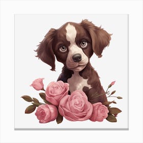 Puppy With Roses Canvas Print