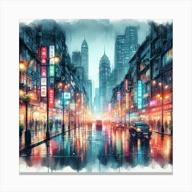 Rain Soaked Cityscape With Neon Lights Reflecting On Wet Pavement (4) Canvas Print