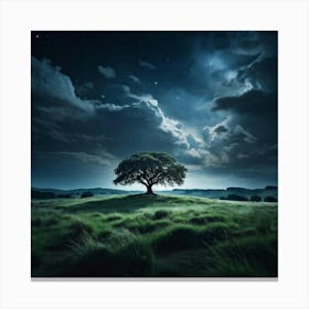 Live Action Photo Single Tree Centered On A Meadow Plateau Under A Night Sky Darkness Envelops The Canvas Print