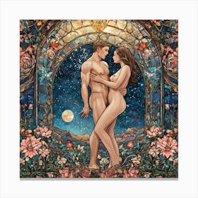 Kissing Couple In Stained Glass Dark Canvas Print