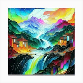 Abstract art stained glass art of a mountain village in watercolor 16 Canvas Print