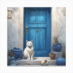 Greek Blue Door Cat 2 Canvas Print