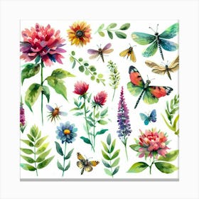 Watercolor Flowers And Butterflies 2 Canvas Print