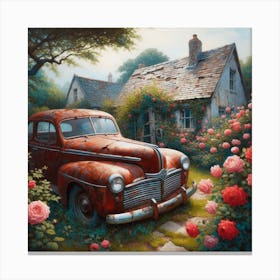 Old Car In Rose Garden Canvas Print