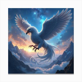 A Mythical Griffin With Feathers Of Swirling Galaxies Soaring Over A Dreamlike Mountain Range 1 Canvas Print