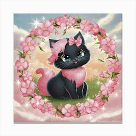 Black Cat With Pink Flowers Canvas Print