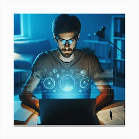 Man Working On Laptop At Night 1 Canvas Print