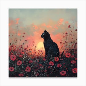 Black Cat in a Floral Sunset Garden 1 Canvas Print