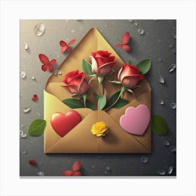 An open red and yellow letter envelope with flowers inside and little hearts outside 15 Canvas Print