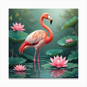 Flamingo With Lotus Flowers 1 Canvas Print