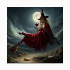 Halloween Witch Drinking Wine Canvas Print