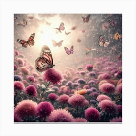 Butterfly In A Field Of Pink Flowers Canvas Print