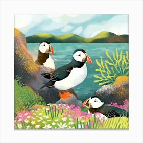 Puffins on the shore Canvas Print