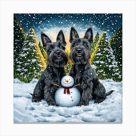 Scottish Terriers With Snowman Canvas Print