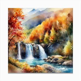 Picturesque Valley Surrounded Fall Tees, Waterfalls, Landscape, Watercolor Canvas Print