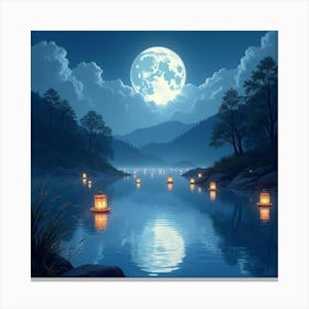 Mystical Moonlit Lake With Floating Lanterns, Watercolor 1 Canvas Print