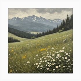 vintage oil painting of wild flowers in a meadow, mountains in the background 13 Canvas Print