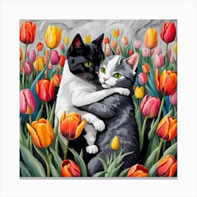 Two Cats Hugging Tulips Canvas Print