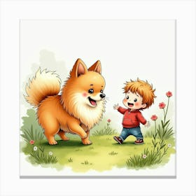 Playful Pomeranian And Child Having Fun In A Garden, Watercolor 1 Canvas Print