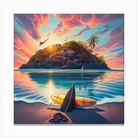 A wonderful view of the seashore and an island appearing on the horizon at sunset Canvas Print
