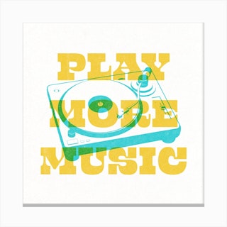 Play More Music Typography Yellow & Blue Square Canvas Print
