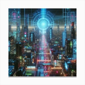 Neon Nights: A Cyberpunk Cityscape with Holograms and Lights Canvas Print