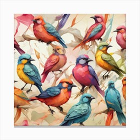 Colorful Birds On Branches Seamless Pattern Canvas Print