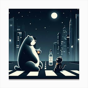 Bear And Cat On The Street Canvas Print