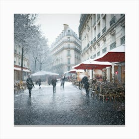 Paris cafes, winter season, Christmas, pale colors, pedestrians in the street, winter clothes, falling snow.11 Canvas Print