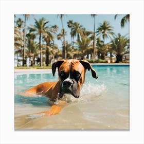 A dog boxer swimming in beach and palm trees 4 Canvas Print