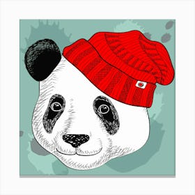 Cozy Cuteness: Knitted Hat Panda in Vector Wonderland, Panda Bear In Red Hat Canvas Print