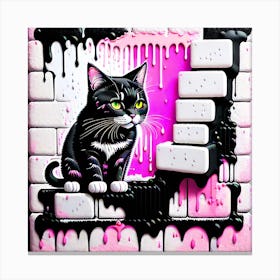 3D, Black Cat With Pink Drips Canvas Print
