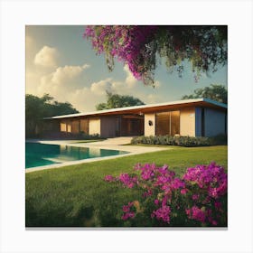 Modern House With Pool and Flowers Canvas Print