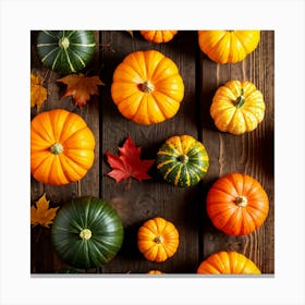 Assortment Of Vibrant Autumn Gourds And Pumpkins Thanksgiving Themed Scattered Artistically Across Canvas Print