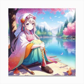 Anime Girl Sitting By The River Canvas Print