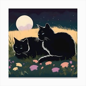 Silhouettes Of Cats In The Garden At Night, Black, Yellow And Turquoise Canvas Print