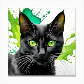 Black Cat With Green Paint Splashes Canvas Print