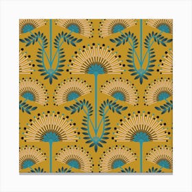 MIMOSA Art Deco Vintage Floral Botanical Damask in Blue Pale Pink and Black on Mustard Yellow Canvas Print