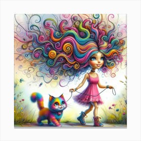Girl With Colorful Hair And Cat Canvas Print
