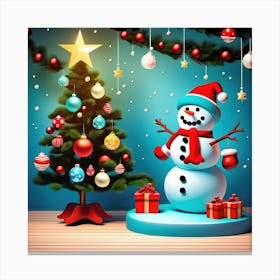 Snowman And Christmas Tree Canvas Print