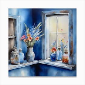 Blue wall. Open window. From inside an old-style room. Silver in the middle. There are several small pottery jars next to the window. There are flowers in the jars Spring oil colors. Wall painting.42 Canvas Print