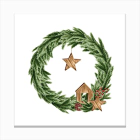 Wreath from Green Fir Branches and Wooden Decorations Canvas Print
