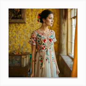 A Cute Woman Wearing An Embroidered Dress (3) Canvas Print