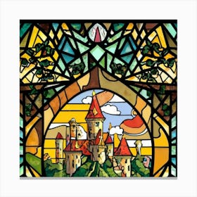 Image of medieval stained glass windows of a sunset at sea 5 Canvas Print