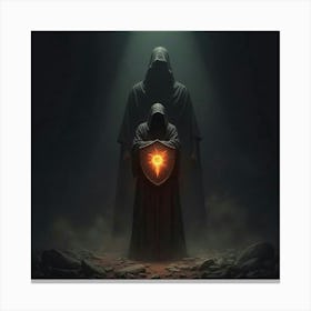 A Glowing Rune Covered Shield Standing Before A Dark, Shadowy Figure 1 Canvas Print