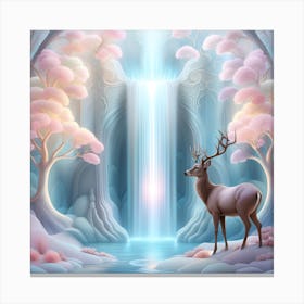 Deer In The Forest With Waterfall Canvas Print