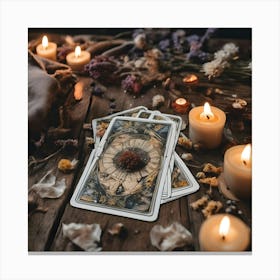 Tarot Cards Are Lying On A Wooden Table With Burning Candles And Dried Flowers For A Spiritual Atmosphere(1) Canvas Print