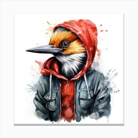 Watercolour Cartoon Woodpecker In A Hoodie Canvas Print