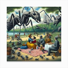 A Surrealist Drawing Of Ants Attacking A Family Picnic In Central Park 3 Canvas Print